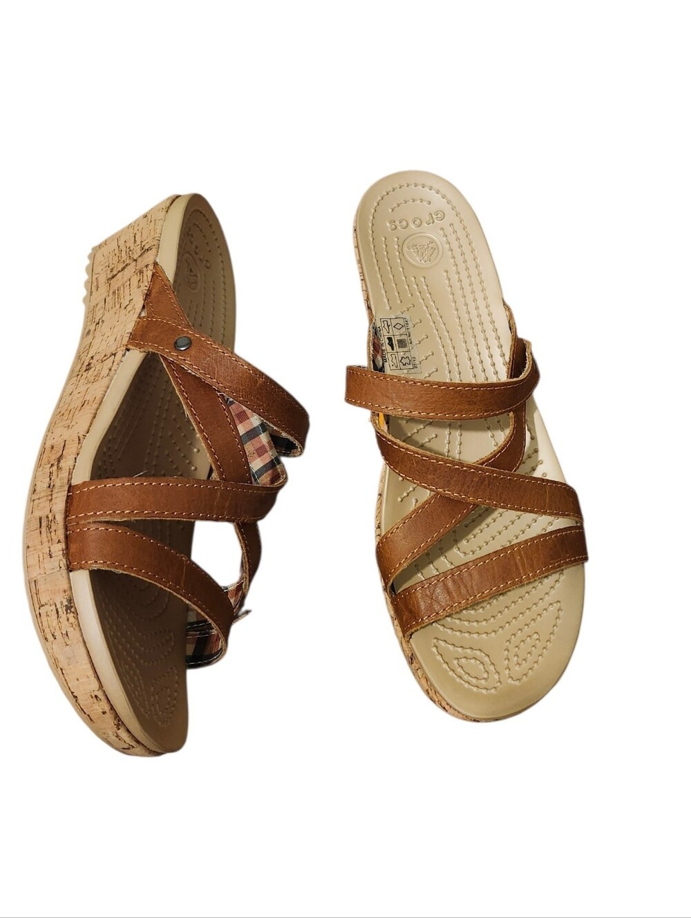 Crocs Comfort Leather Wedge Slide Sandals - 10 Easy Walking Beach - Picture 3 of 4